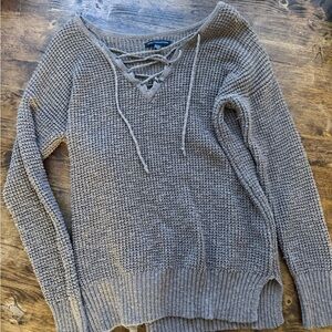 American Eagle Outfitters V-Neck Lace-Up Sweater - Taupe